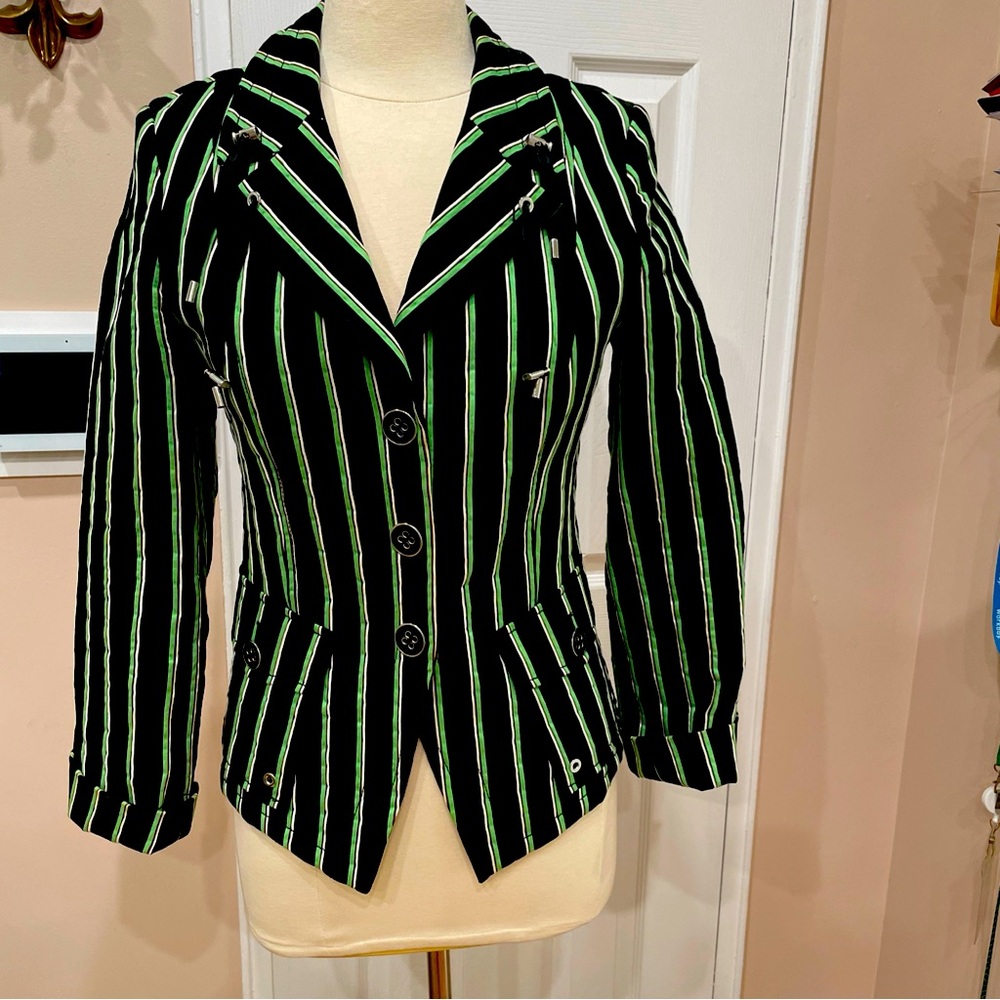Vintage Navy color Blazer Jacket In Green And White Stripes, Size M